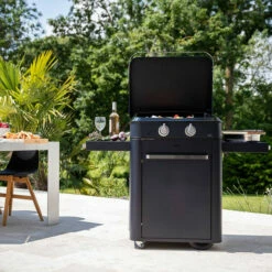 Ensemble Plancha Gaz Enosign 65 Acier Blue Navy Sur Chariot + Capot